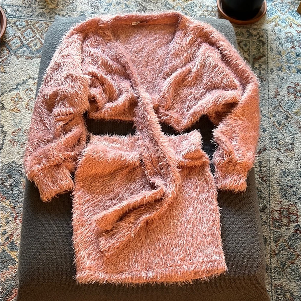 Fashion Nova Dusty Rose Fuzzy Knit Cardigan & matching skirt